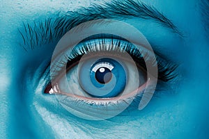 Close up blue eye with future cataract protection scan contact lens, illustrating eye care technology