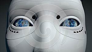 Close up on blue eyes of female humanoid robot with shiny white plastic skin. 3D Illustration