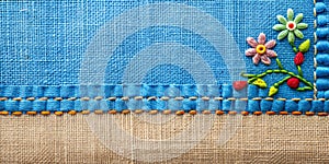 Close-up of blue fabric with colorful stitching details. Copy space photo