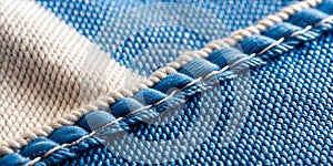 Close-up of blue fabric with colorful stitching details. Copy space photo