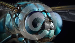 Close up of a blue fly eye, magnification reveals intricate beauty generated by AI