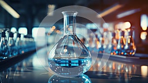 Close-up of blue glass flask standing in laboratory desk. Scientific chemistry research. Generative AI