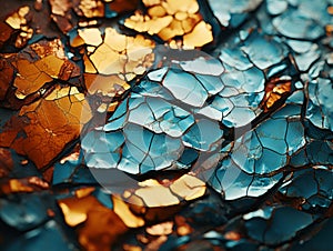 a close up of a blue and gold crackled surface