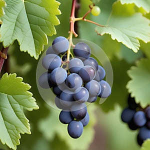 Close-up of a blue grape hanging in a vineyard, wide shot