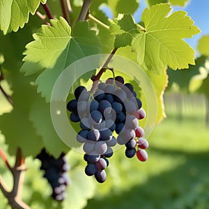 Close-up of a blue grape hanging in a vineyard, wide shot