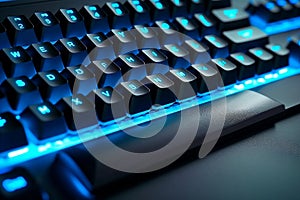 Close up of blue illuminated computer keyboard, generative ai
