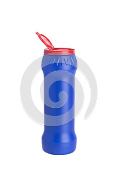 Close-up, blue jar with red cover for cleaning surfaces, on white background