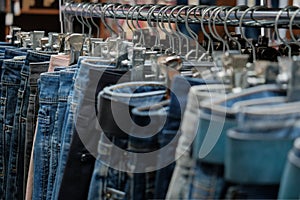 Close-up of blue jeans on metal hangers in fashion store. Unisex clothing. Concept for shopping design and sales.