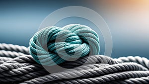 Close-up: a blue knot of rope lying on a gray twisted rope