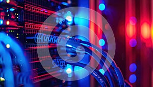 Close Up Of Blue Network Cables Connected To Server Rack With Red And Blue Lights