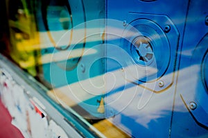 Close up of blue old sound retro speakers boxes behind the shop window vitrine