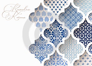 Close-up of blue ornamental arabic tiles, patterns through white mosque window. Greeting card, invitation for Muslim