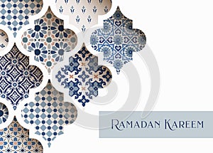 Close-up of blue ornamental arabic tiles, patterns through white mosque window. Greeting card, invitation for Muslim