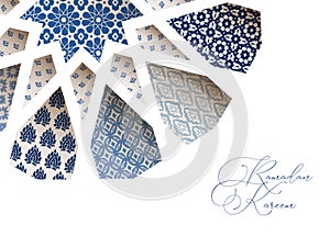 Close-up of blue ornamental Morroccan tiles through white arab star shape pattern. Greeting card, invitation for Muslim