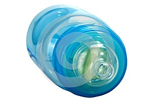 Close up of Blue Plastic Baby Bottle with Clear Teat