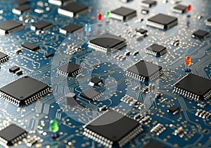 A close-up of a blue printed circuit board (PCB) featuring