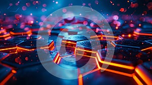 A close up of a blue and red hexagonal pattern