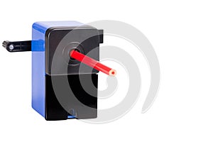 Close-up of a blue sharpener with pencil