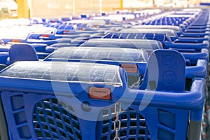 Close-up blue shopping trolleys