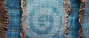 Close-up of a blue striped burlap fabric showing rugged texture and frayed edges, suitable for texture-focused imagery