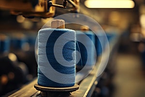Close-up of blue thread spools on a textile production machine