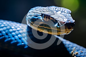 Close-up of a blue venomous snake that represents Crafty photo