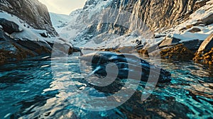 A close-up of blue whale in a clear water stream through arctic landscape