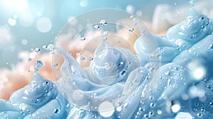 Close-up of blue and white foamy liquid with bubbles and droplets