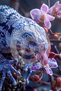 Close Up of Blue and White Iguana Licking Purple Orchid Flowers on a Textured Branch in a Natural Habitat Setting
