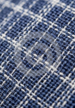 Close-up of a blue and white woven fabric featuring a checkered pattern. The textile