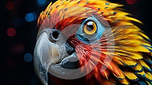 Close up of blue and yellow macaw.