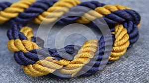 a close up of a blue and yellow rope on a gray surface