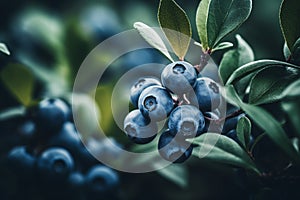 Close-up of a blueberry growing on a bush. Blurred background. Berries in the garden