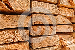 Close up board pine stack building materials high parallel folded dry building design pattern