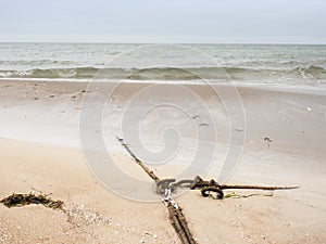 Boat Rope Tied on Figure Eight Cleat Hitch Travel Concept. Coastal dock