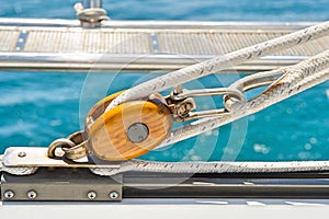Close-up of boat's block and tackle