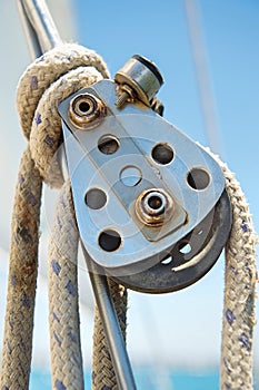 Close-up of boat's block and tackle