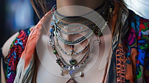 Close-Up of Boho Style Necklaces and Colorful Attire