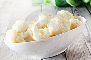 Close up Boiled Cauliflower on White Bowl