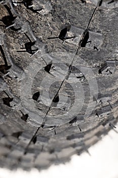 Close up of a boke tire tread made of rubber