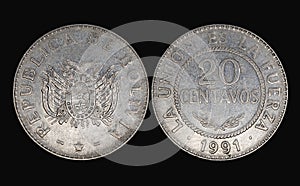 1991 Bolivian 20 centavos coin close-up photo