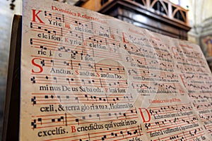 close-up of a book of Gregorian chants in an Italian cathedral