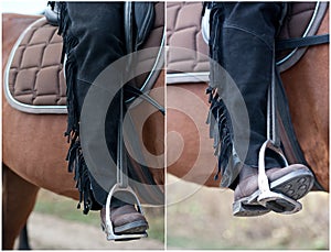 Close up of the booted foot of a cowboy on his horse. A picture of an equestrian on a brown horse. Cowboy's leg and foot photo