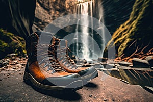 Close-up of boots in front of a waterfall, ai generated
