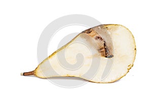 Close up Boring trace of a codling moth Cydia Pomonella, in a half middle wormy pear. On white background. photo