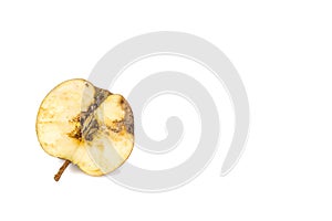 Close up Boring trace of a codling moth Cydia Pomonella, in a half wormy apple. On white background.