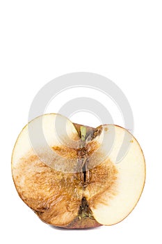 Close up Boring trace of a codling moth Monilia Fructigena, in a half wormy apple. On white background.