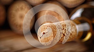 A close up of a bottle cork with wine corks stacked on top, AI