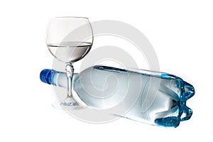 Close up bottle glass purified fresh water drink on white background