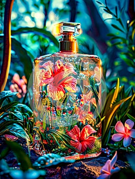 Close up of bottle of perfume surrounded by tropical plants and flowers. AI